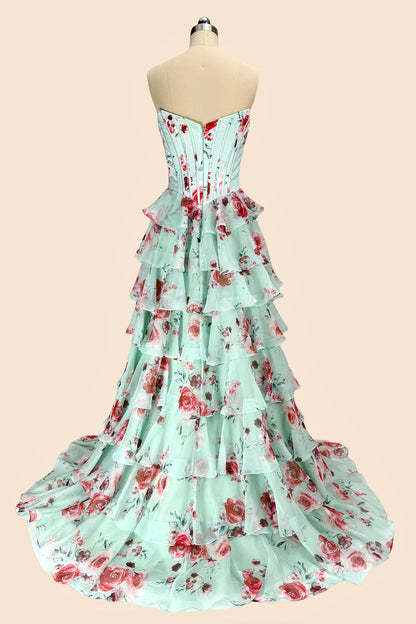 Mint Green Watercolor Floral Strapless Prom Dress with Sweetheart Tiered Chiffon Train