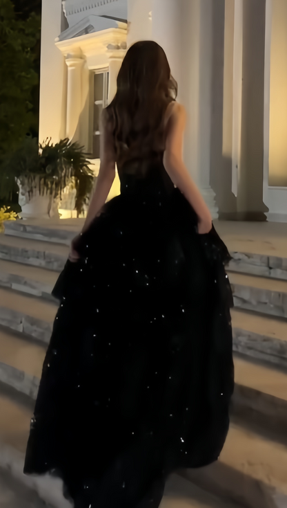 Modern Black Sequin Long Prom Dresses Ruffle Evening Party Dress,LTP4053