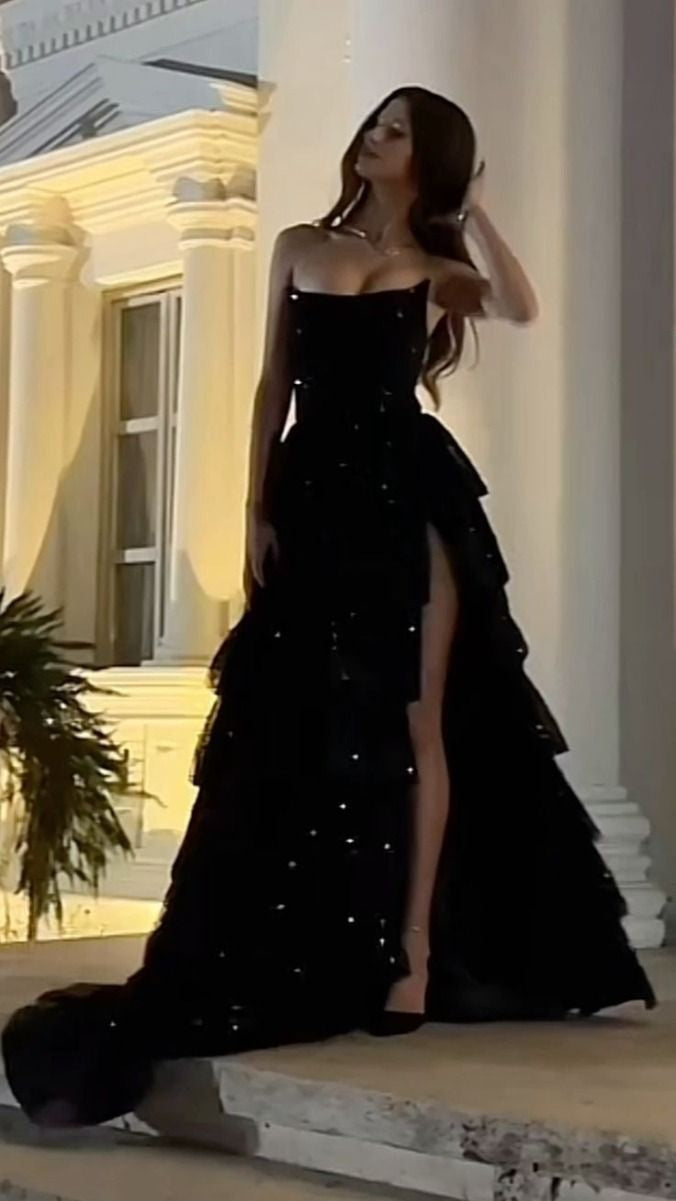Modern Black Sequin Long Prom Dresses Ruffle Evening Party Dress,LTP4053