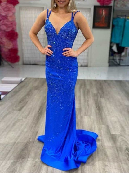 Modest Trendy Mermaid Spaghetti Straps Navy Blue Sequins Prom Dresses Style Long Senior High School Dance Party Dress,LTP4517