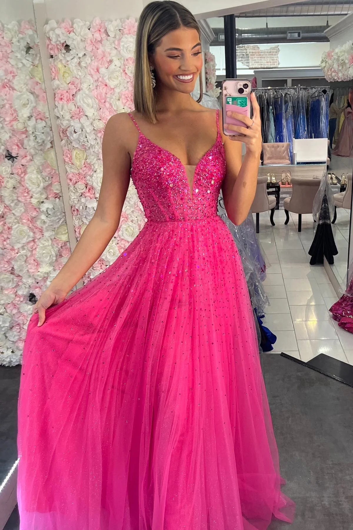 Straps Neon Pink Beaded A-Line Long Prom Dress, Evening Formal Dress