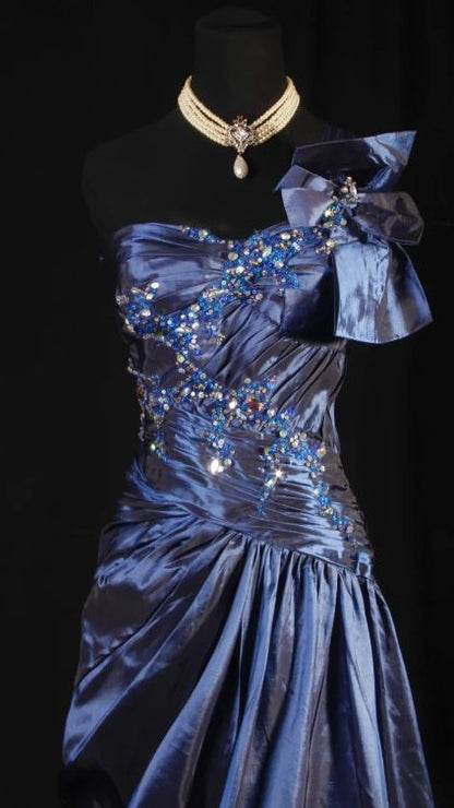 Navy Blue A-Line Prom Dresses Satin One Shoulder Beaded Evening Party Dress,LTP4344