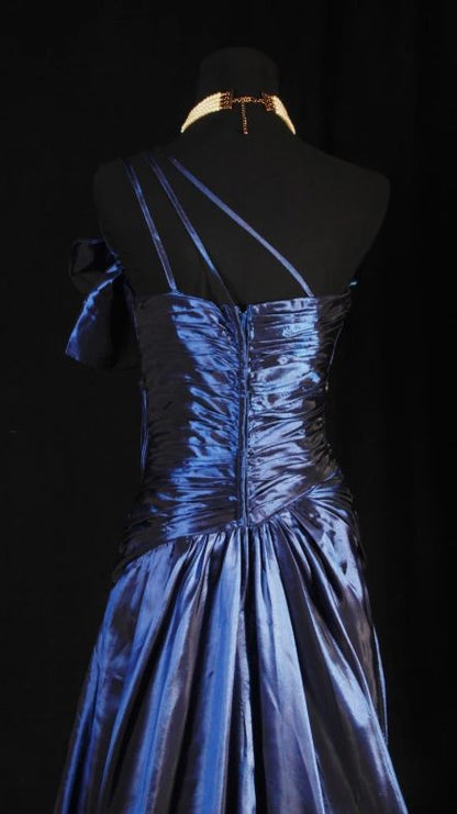 Navy Blue A-Line Prom Dresses Satin One Shoulder Beaded Evening Party Dress,LTP4344