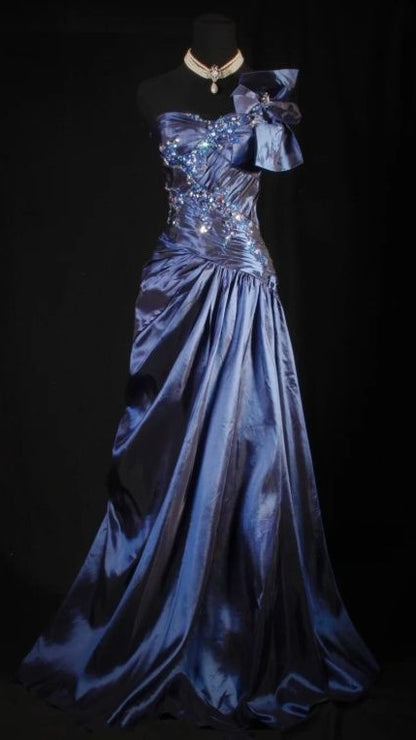 Navy Blue A-Line Prom Dresses Satin One Shoulder Beaded Evening Party Dress,LTP4344