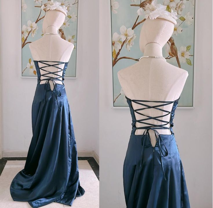 Navy Blue Beaded Strapless Prom Dresses Satin Evening Dress,LTP4293