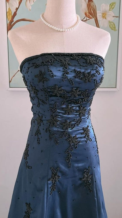 Navy Blue Beaded Strapless Prom Dresses Satin Evening Dress,LTP4293