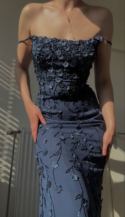 Navy Blue Floral Bodycon Prom Dress