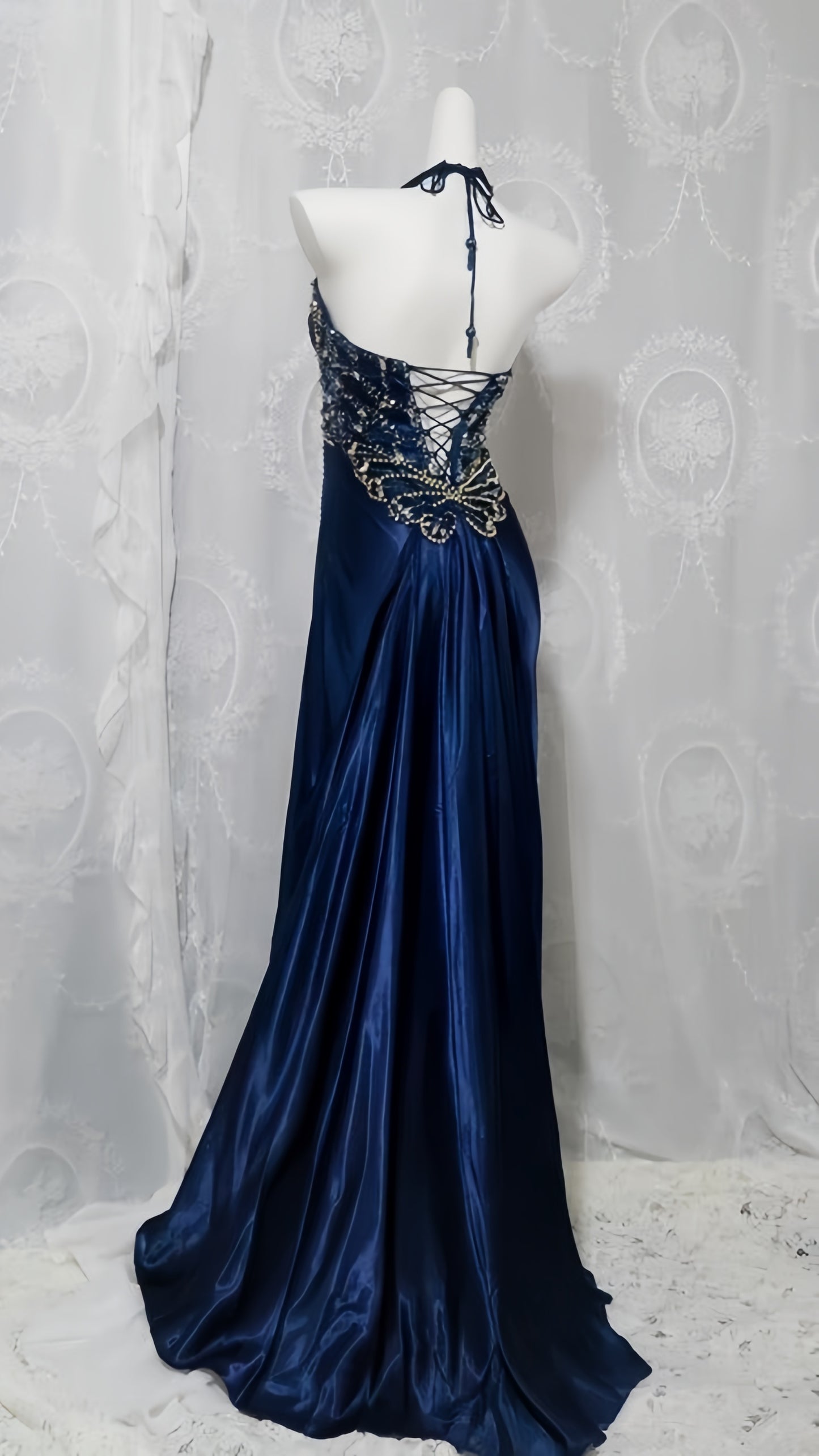 Navy Blue Halter Beaded Long Prom Dresses Slim Evening Party Gown With Slit ,LTP4041