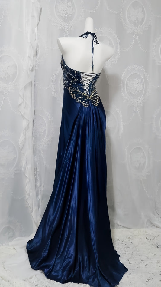 Navy Blue Halter Beaded Long Prom Dresses Slim Evening Party Gown With Slit ,LTP4041