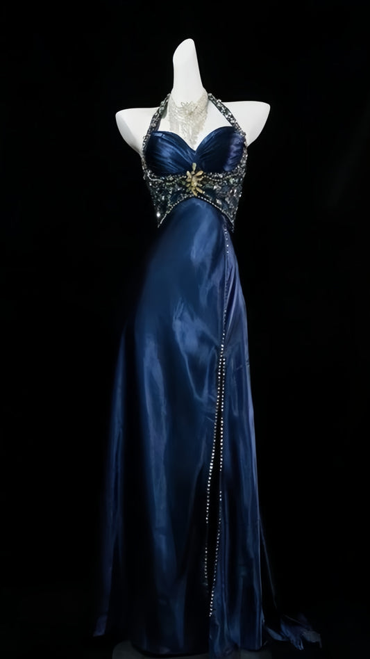 Navy Blue Halter Beaded Long Prom Dresses Slim Evening Party Gown With Slit ,LTP4041