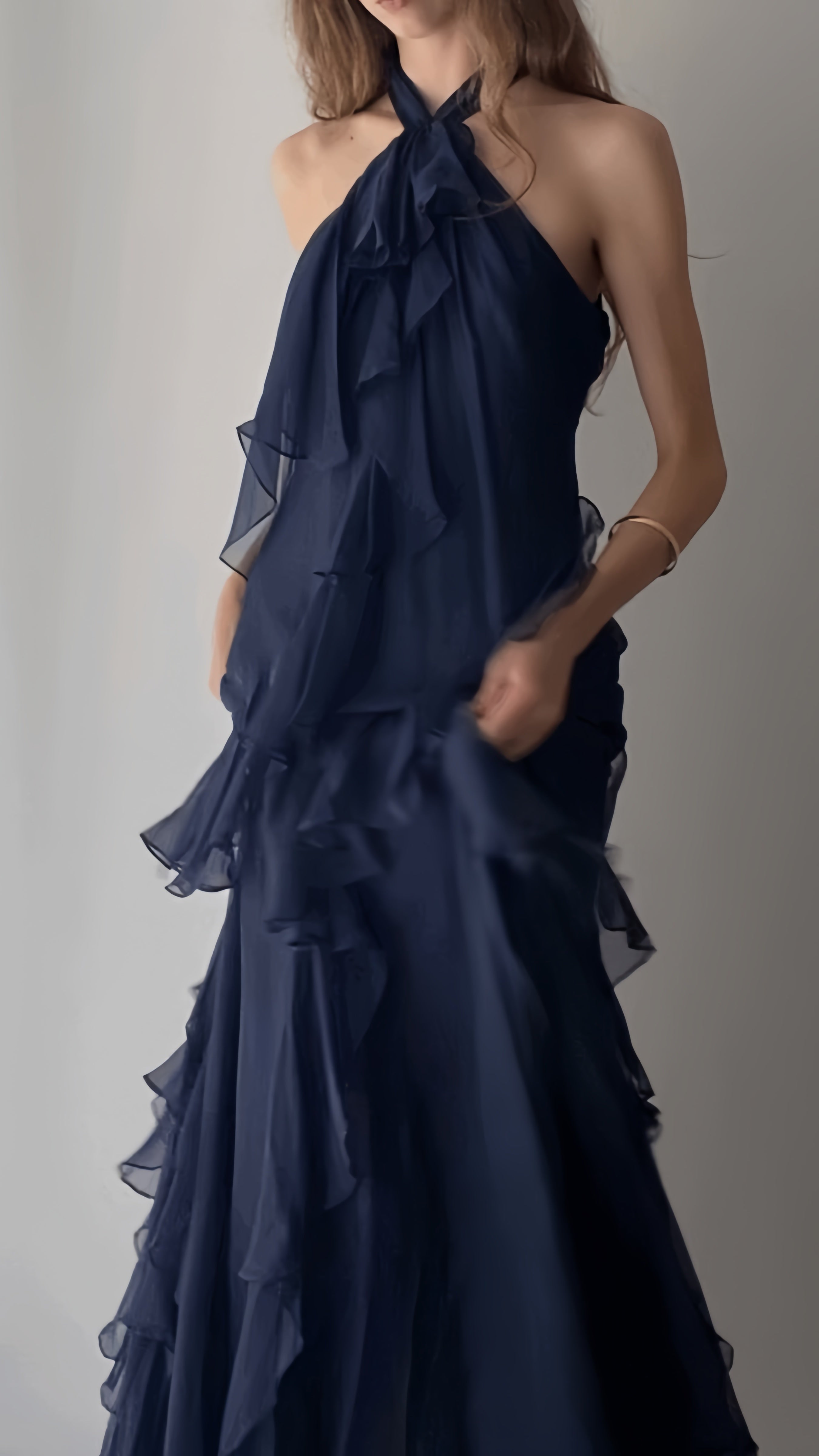 Navy Blue Halter Ruffle Prom Dresses Chiffon Full Length Party Outfits ...
