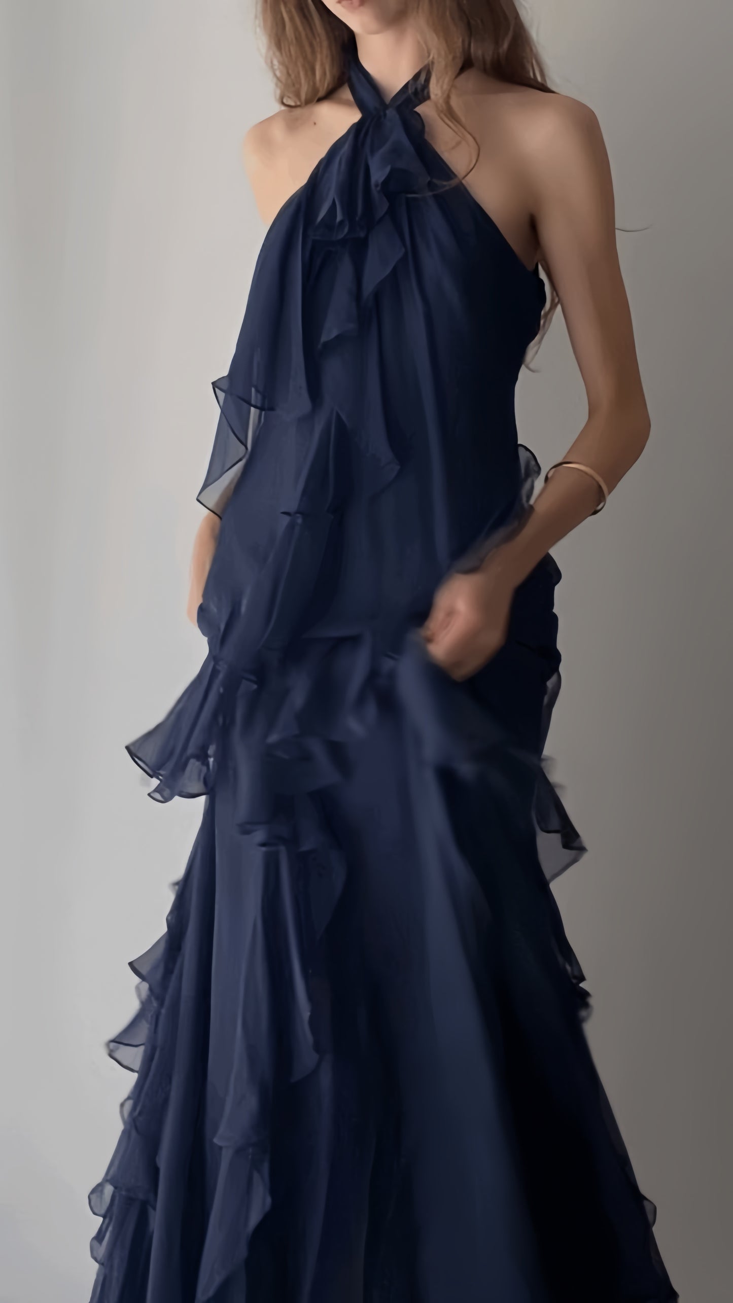 Navy Blue Halter Ruffle Prom Dresses Chiffon Full Length Party Outfits, LTP4265