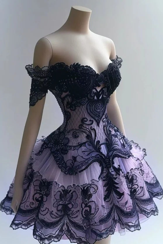 Navy Blue Lilac Homecoming Dresses Off The Shoulder Mini Party Dress,LTP4221