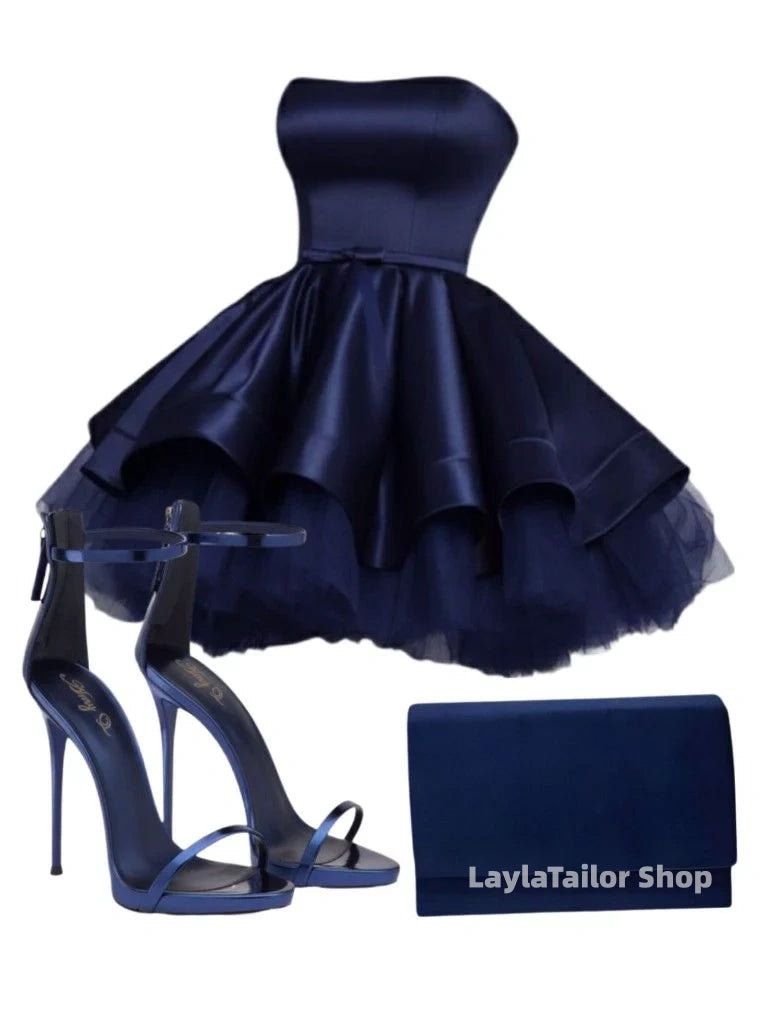 Navy Blue Strapless A-Line Satin Tulle Homecoming Dresses