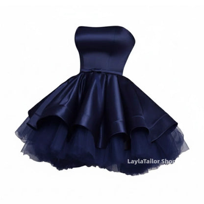 Navy Blue Strapless A-Line Satin Tulle Homecoming Dresses