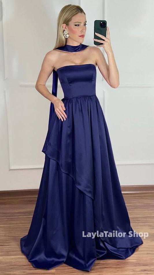 Navy Blue Strapless A-line Layers Formal Prom Dress,LTP4547