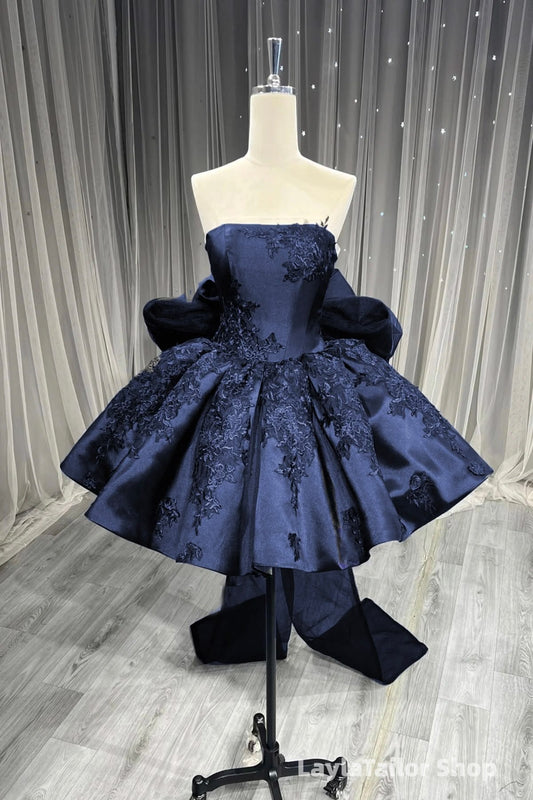 Navy Blue Strapless Appliques Homecoming Dresses With Bowknot