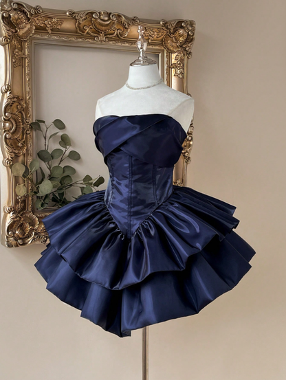 Navy Blue Strapless Mini Homecoming Dresses Layers Short Hoco Party Gown