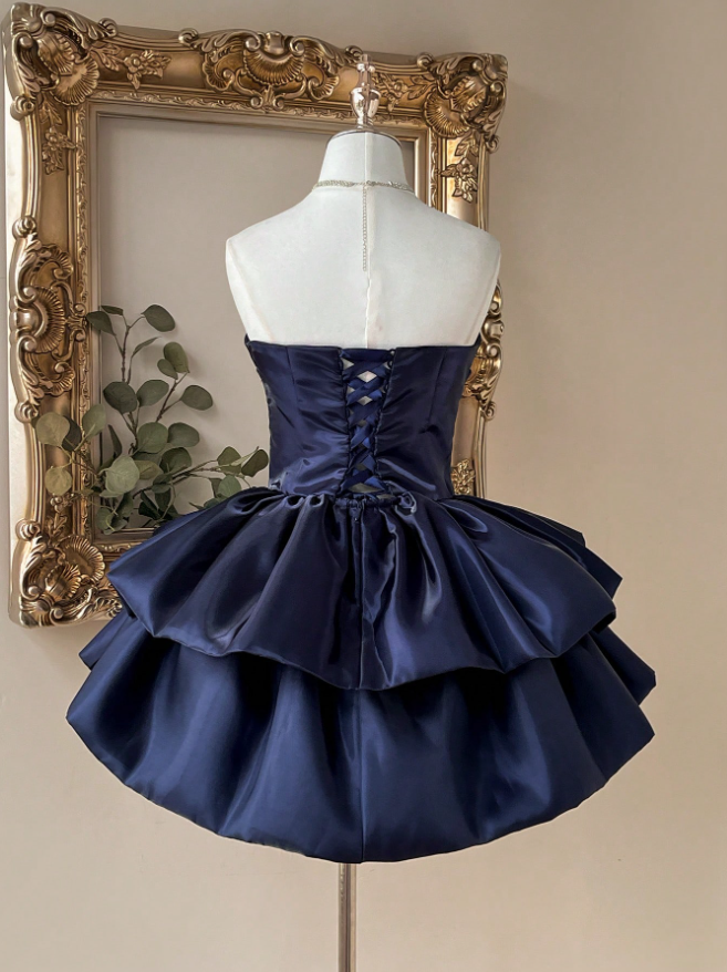 Navy Blue Strapless Mini Homecoming Dresses Layers Short Hoco Party Gown