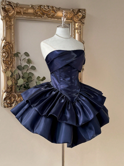 Navy Blue Strapless Mini Homecoming Dresses Layers Short Hoco Party Gown
