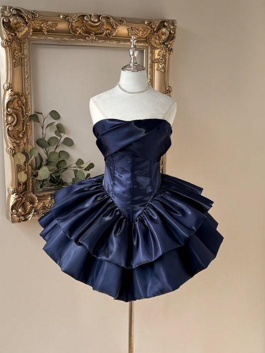 Navy Blue Strapless Mini Homecoming Dresses Layers Short Hoco Party Gown