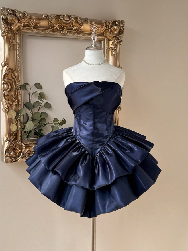 Navy Blue Strapless Mini Homecoming Dresses Layers Short Hoco Party Gown