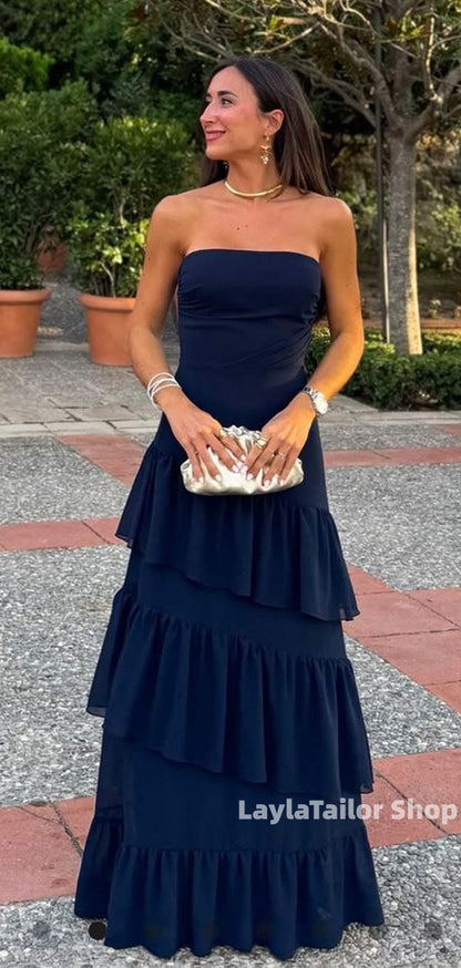 Navy Blue Strapless Ruffle Prom Dresses Chiffon Bridesmaid Dress,LTP4593