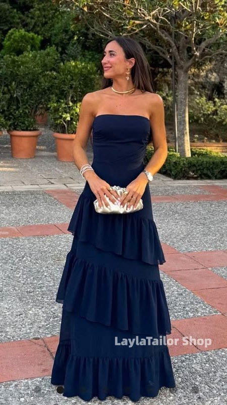 Navy Blue Strapless Ruffle Prom Dresses Chiffon Bridesmaid Dress,LTP4593