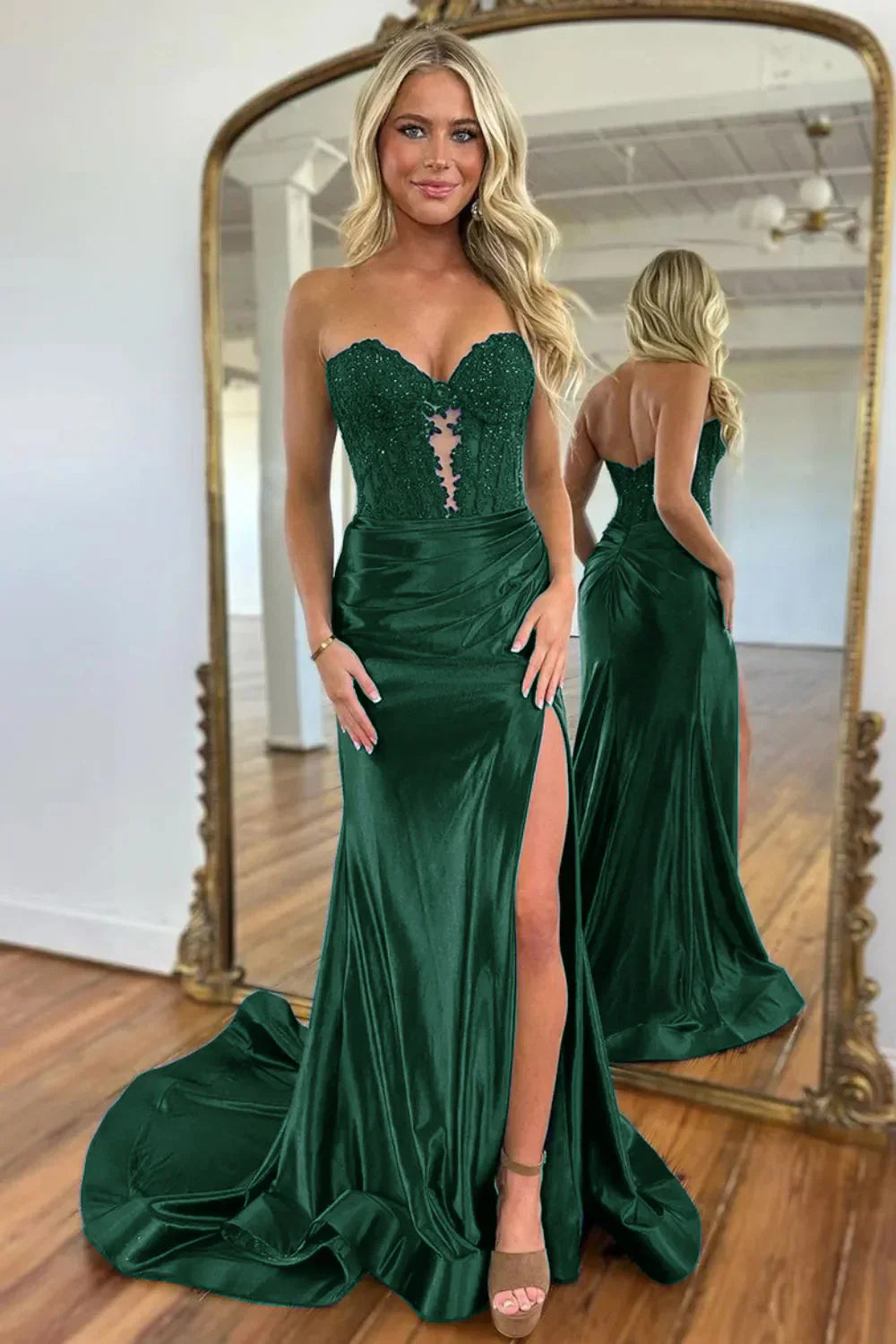 Gorgeous Mermaid Sweetheart Navy Blue Satin Prom Dress with Appliques Split