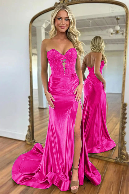 Gorgeous Mermaid Sweetheart Navy Blue Satin Prom Dress with Appliques Split