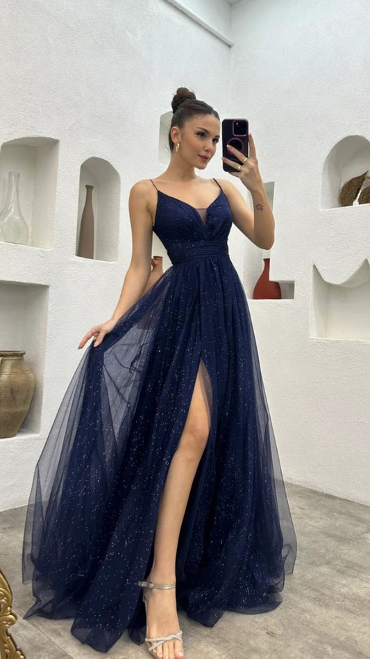 Navy Blue Tulle A-Line Party Dress, Spaghetti Straps Prom Dress With Side Slit, LTP3731