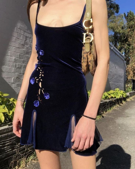 Navy Blue Velvet Homecoming Dresses 3D Flowers Short Prom Dress,LTP3969