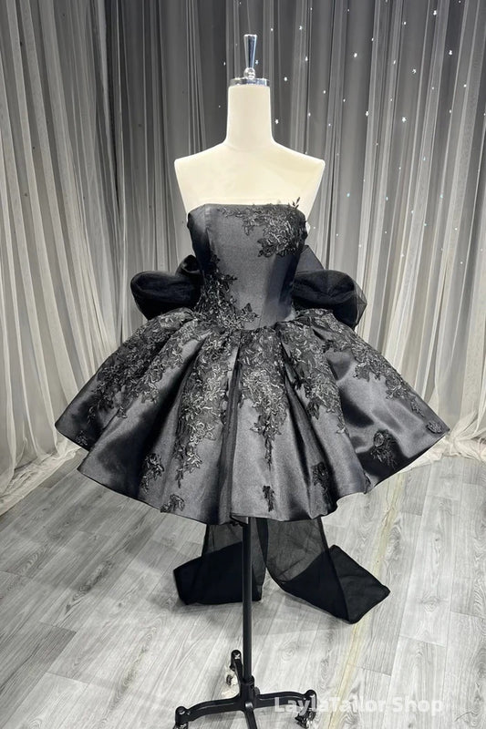 Navy Blue Strapless Appliques Homecoming Dresses With Bowknot