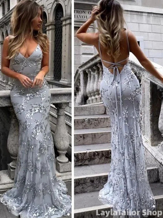 New Arrival Charming Floor-length Sequins Sexy V-neck Backless Spaghetti Strap Sleeveless Prom Dress LTP82707