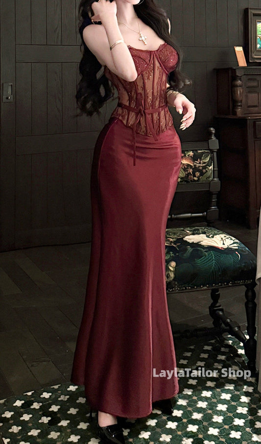 New Styles Burgundy Lace Senior Prom Dresses Bodycon 2 Pieces Evening Party Dress, LTP3605