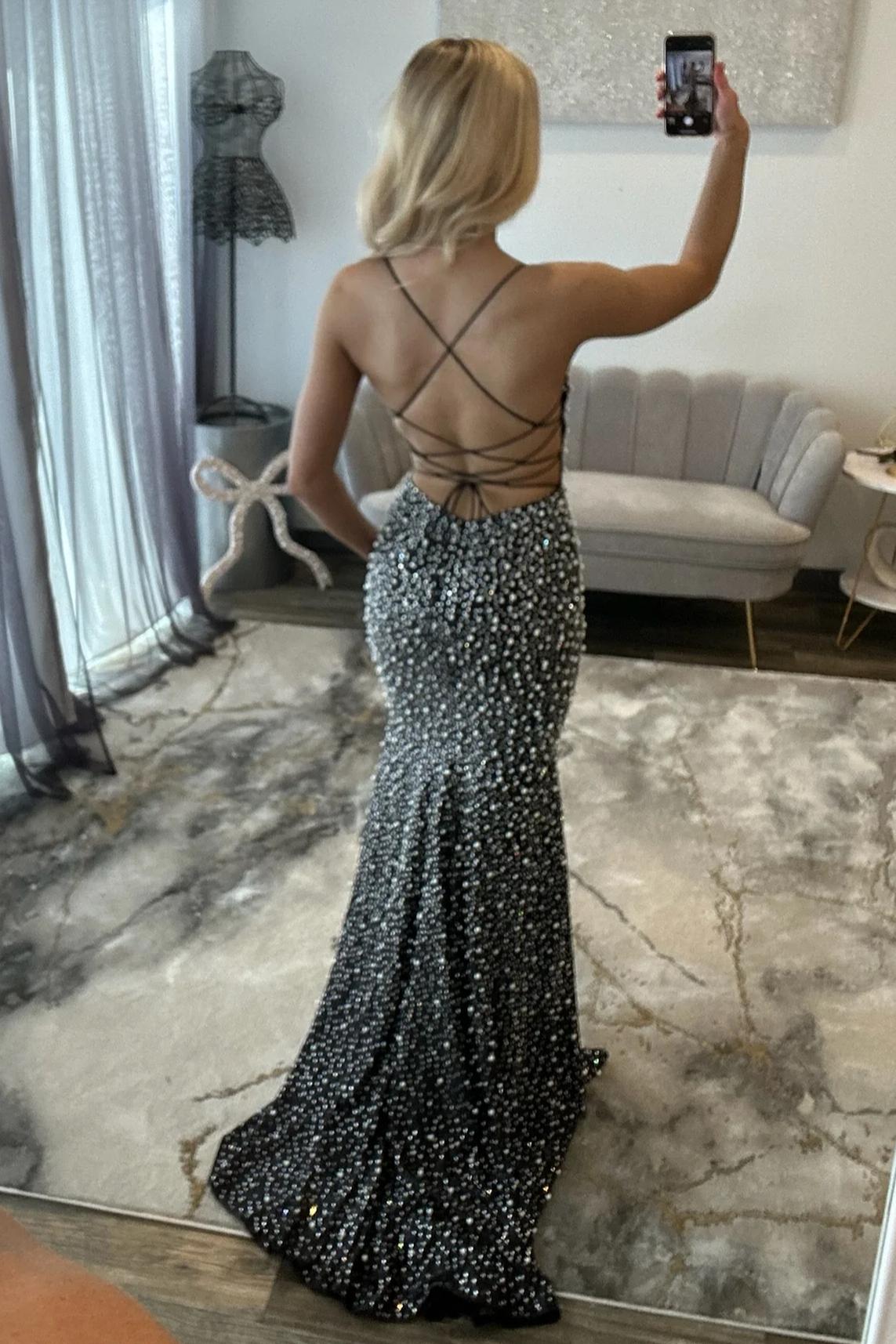 Glamorous Black Pearl Beaded Spaghetti Straps Mermaid Prom Dress