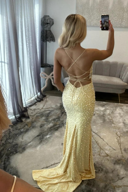 Glamorous Black Pearl Beaded Spaghetti Straps Mermaid Prom Dress