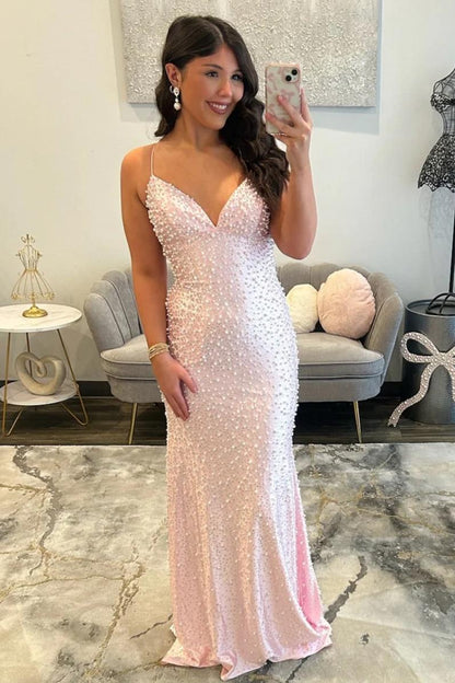 Glamorous Black Pearl Beaded Spaghetti Straps Mermaid Prom Dress