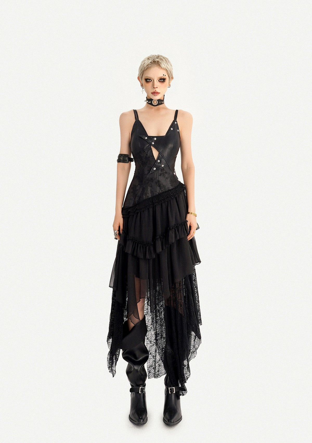 Gothic Dark Lace Patchwork Leather Slip Dress For Women, Irregular Layered Long Dress