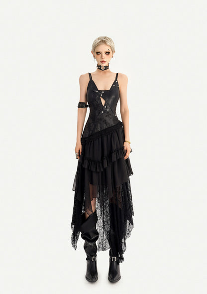 Gothic Dark Lace Patchwork Leather Slip Dress For Women, Irregular Layered Long Dress