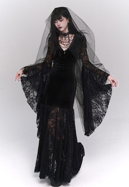 Black Gothic-style medieval long dress Halloween witch-themed outfit