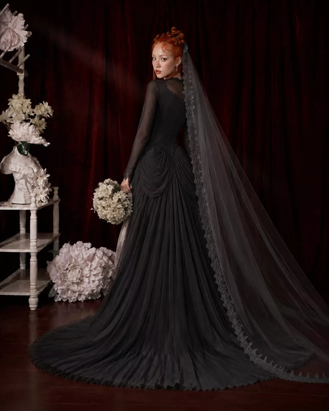 Drop waist wedding dress corset, Black Gothic vintage wedding dress, bride's gown with a large train