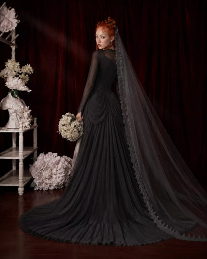 Drop waist wedding dress corset, Black Gothic vintage wedding dress, bride's gown with a large train