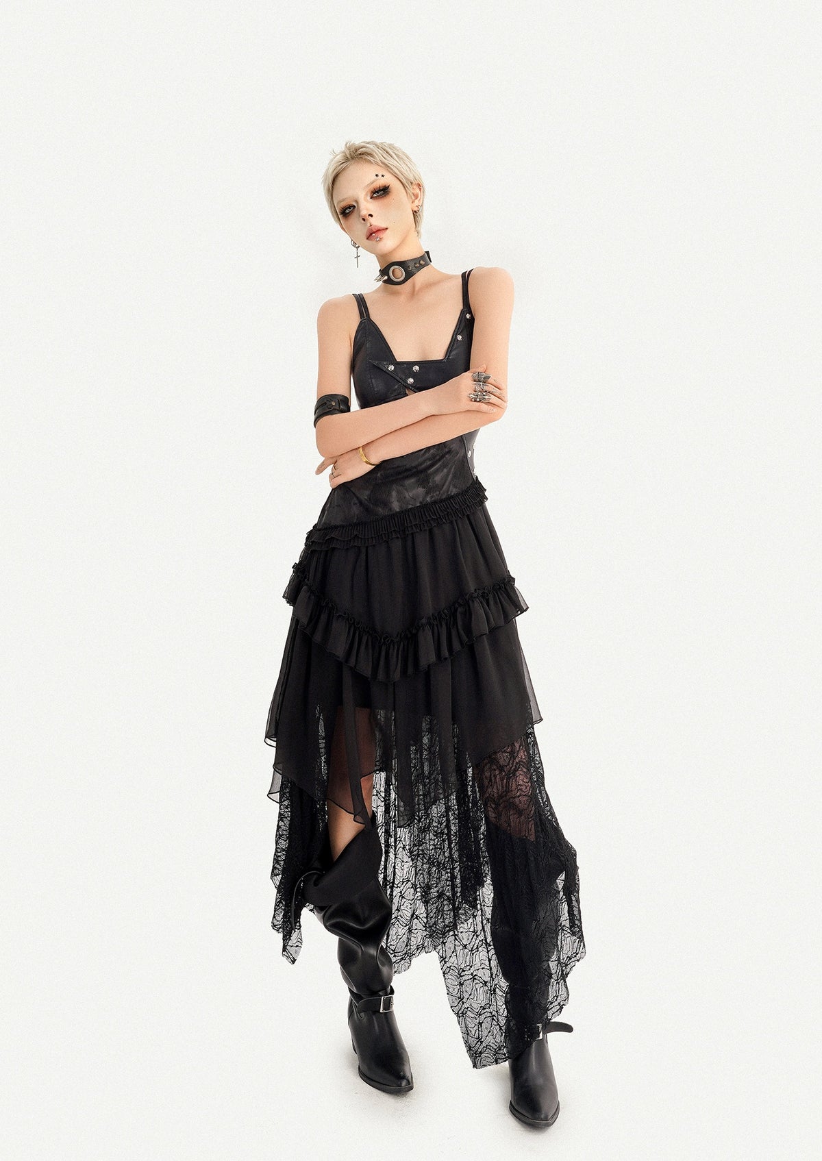 Gothic Dark Lace Patchwork Leather Slip Dress For Women, Irregular Layered Long Dress