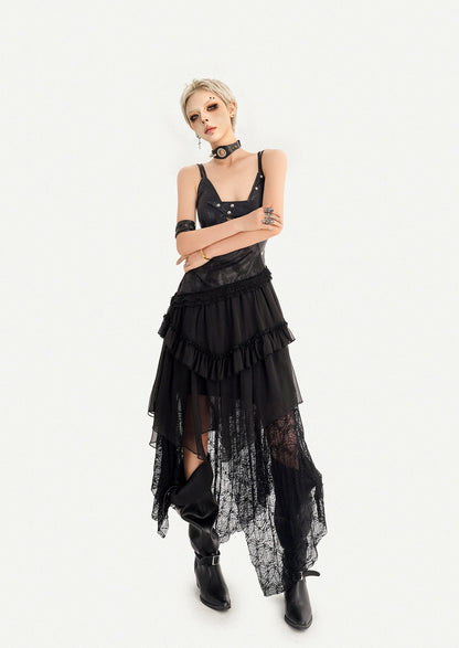 Gothic Dark Lace Patchwork Leather Slip Dress For Women, Irregular Layered Long Dress