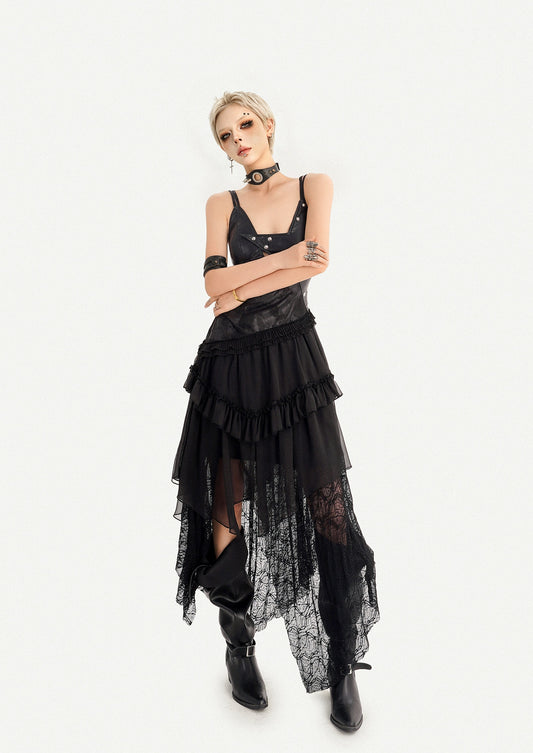 Gothic Dark Lace Patchwork Leather Slip Dress For Women, Irregular Layered Long Dress