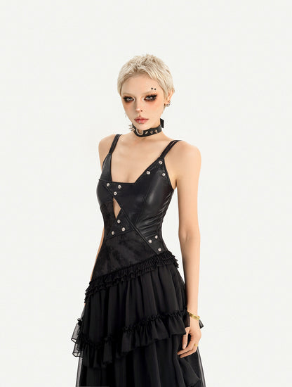 Gothic Dark Lace Patchwork Leather Slip Dress For Women, Irregular Layered Long Dress