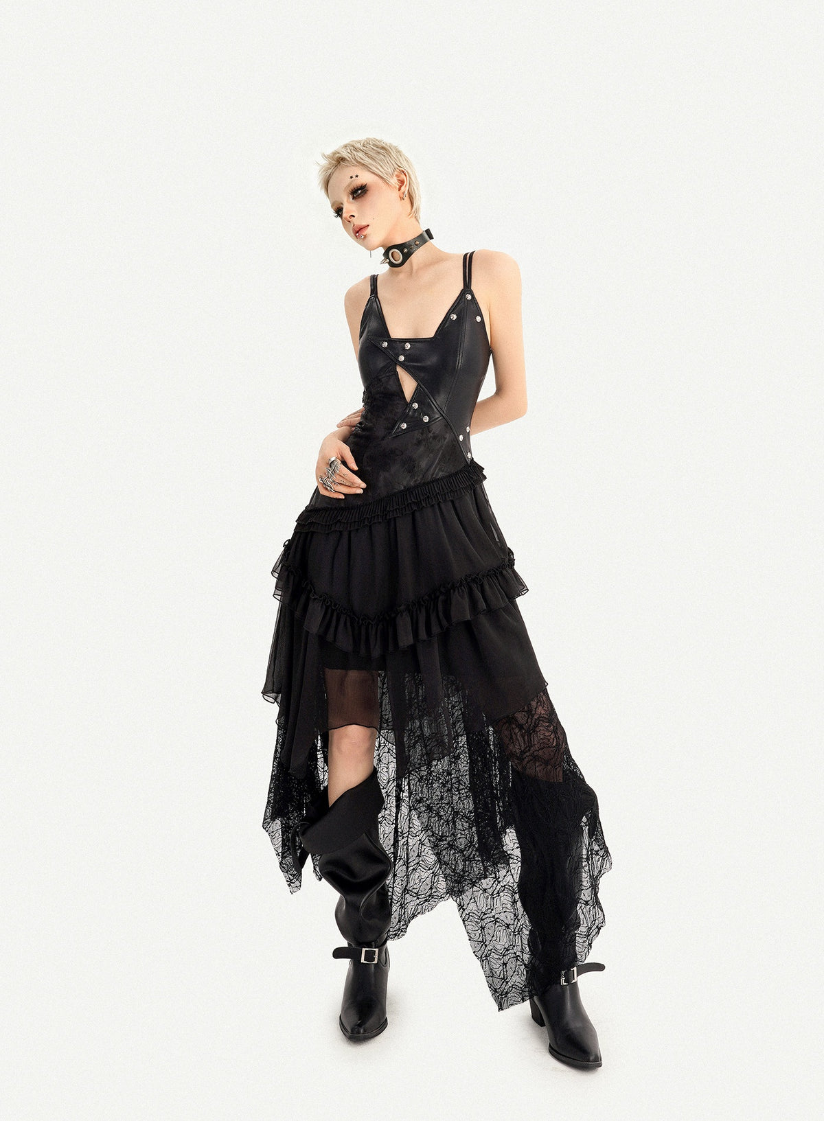 Gothic Dark Lace Patchwork Leather Slip Dress For Women, Irregular Layered Long Dress