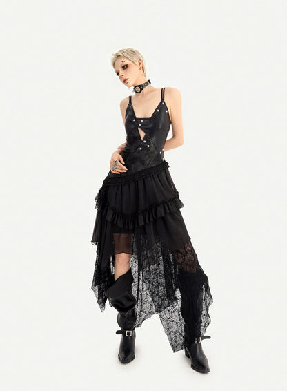 Gothic Dark Lace Patchwork Leather Slip Dress For Women, Irregular Layered Long Dress