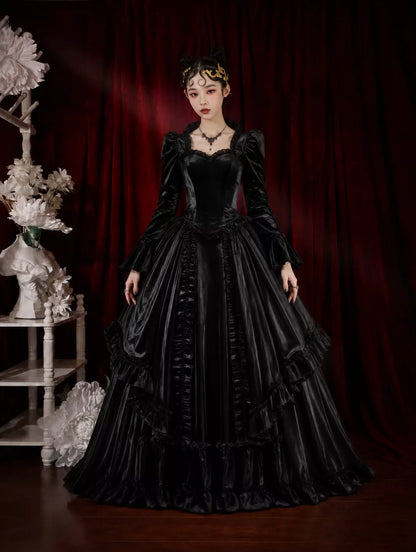 Gothic evening black French vintage wedding dress, wedding banquet long dress